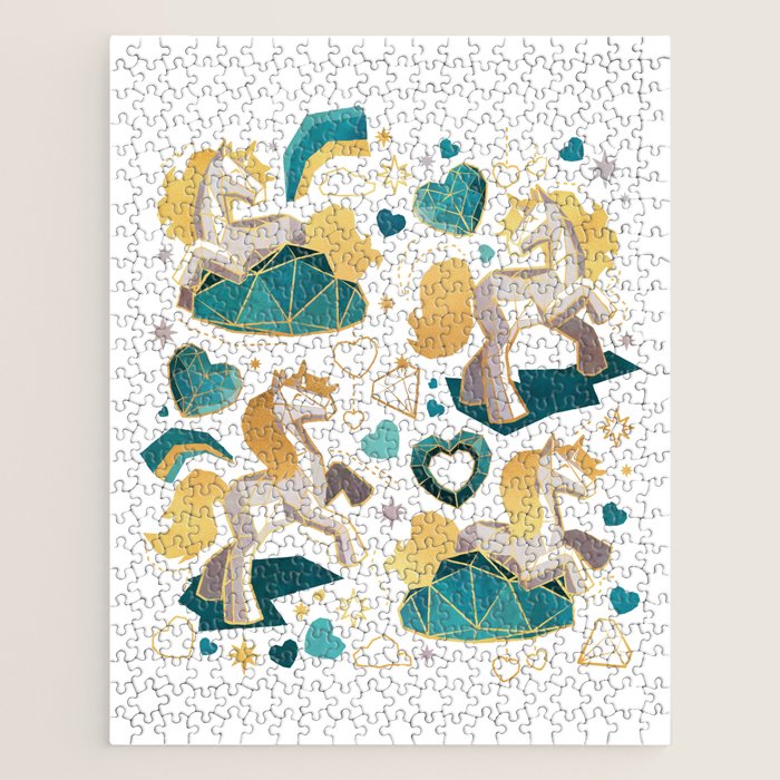 Kicking off some magic // white background white and grey unicorns aqua and mint hearts clouds and rainbows golden lines Jigsaw Puzzle Gallery Image 1