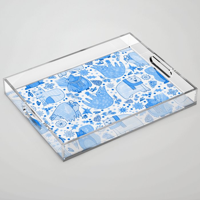 Winter Forest Woodland Animals in Blue Acrylic Tray Gallery Image 1