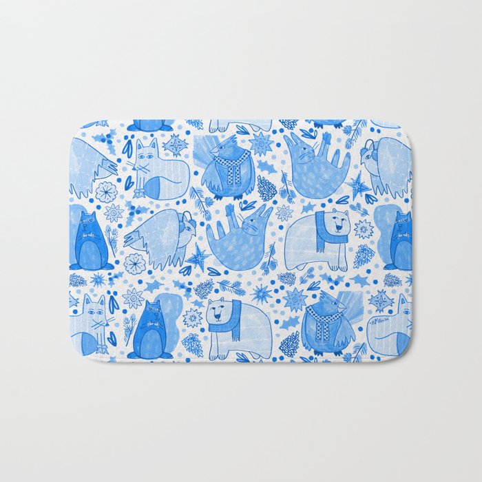 Winter Forest Woodland Animals in Blue Bath Mat Gallery Image 1