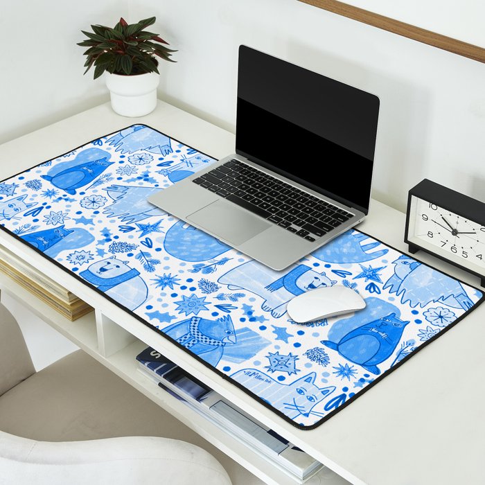 Winter Forest Woodland Animals in Blue Desk Mat Gallery Image 2