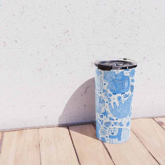 Winter Forest Woodland Animals in Blue Travel Mug Gallery Image 4