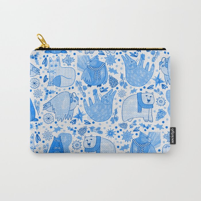 Winter Forest Woodland Animals in Blue Carry All Pouch Gallery Image 1
