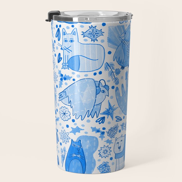 Winter Forest Woodland Animals in Blue Travel Mug Gallery Image 3