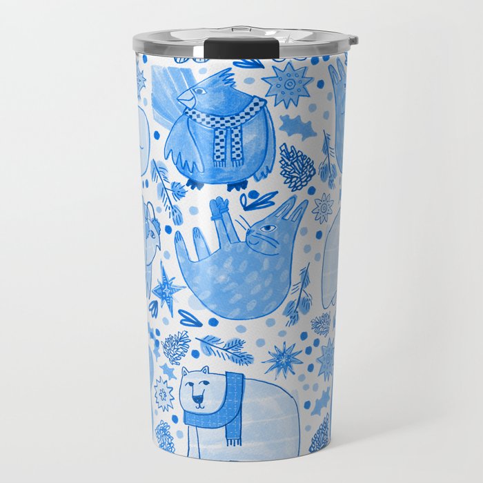 Winter Forest Woodland Animals in Blue Travel Mug Gallery Image 1