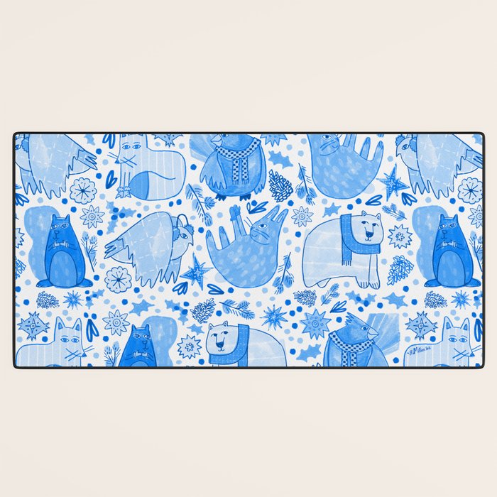 Winter Forest Woodland Animals in Blue Desk Mat Gallery Image 3