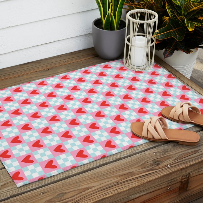 Red love heart checkered pattern Outdoor Rug Gallery Image 2