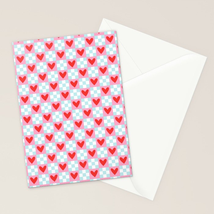 Red love heart checkered pattern Stationery Card Gallery Image 2