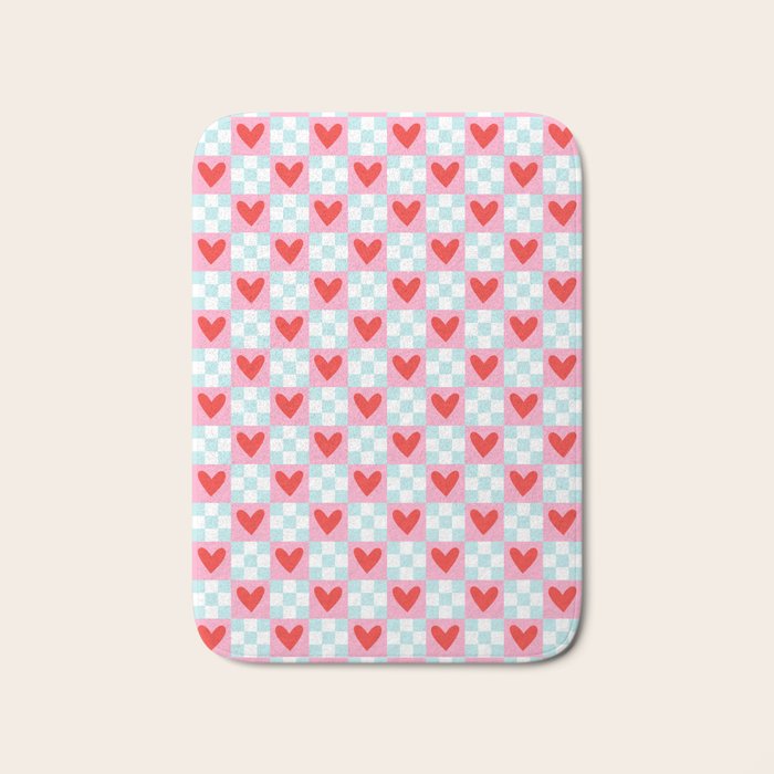 Red love heart checkered pattern Bath Mat Gallery Image 1