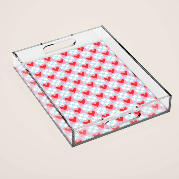Red love heart checkered pattern Acrylic Tray Gallery Image 1