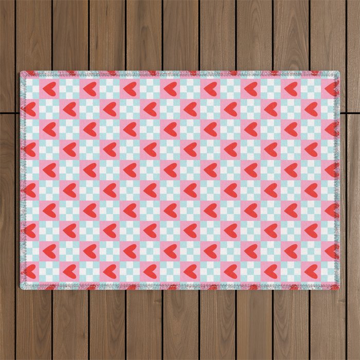 Red love heart checkered pattern Outdoor Rug Gallery Image 1