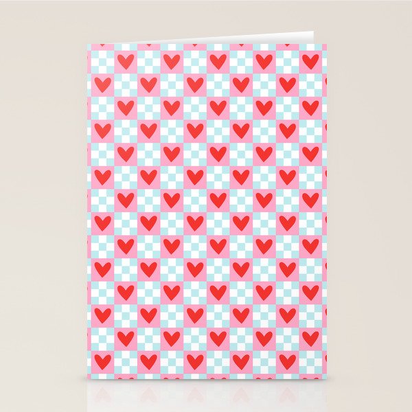 Red love heart checkered pattern Stationery Card Gallery Image 1
