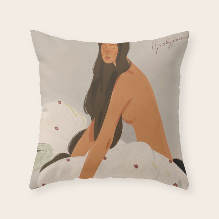 elegant woman in bed with blanket Throw Pillow Gallery Image 1