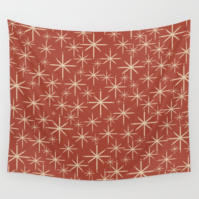 Mid Century Modern Twinkling Stars Retro Atomic Rust Pattern Wall Tapestry Gallery Image 4
