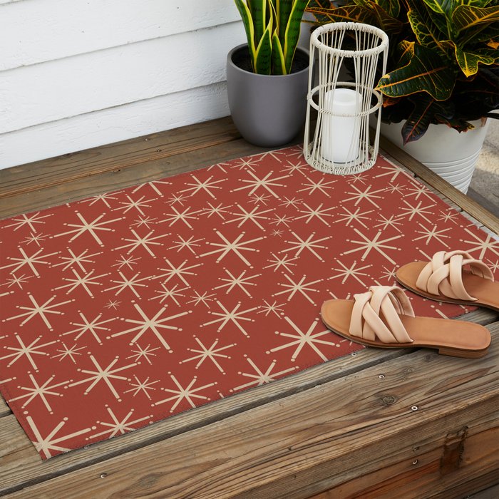 Mid Century Modern Twinkling Stars Retro Atomic Rust Pattern Outdoor Rug Gallery Image 2