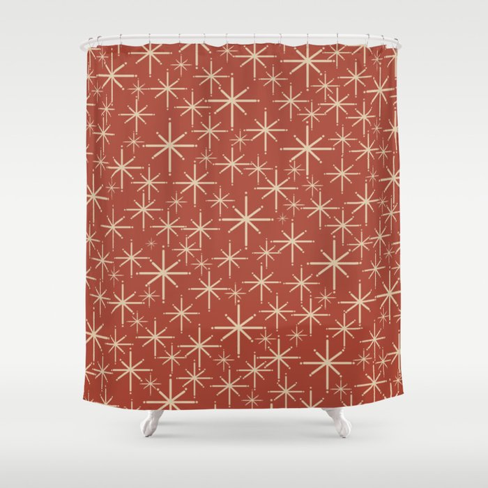 Mid Century Modern Twinkling Stars Retro Atomic Rust Pattern Shower Curtain Gallery Image 1