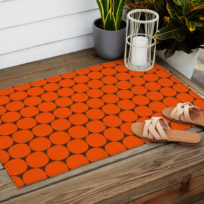 Mod Dots Retro Contemporary Pattern in 70s Orange and Dark Brown Outdoor Rug Gallery Image 2