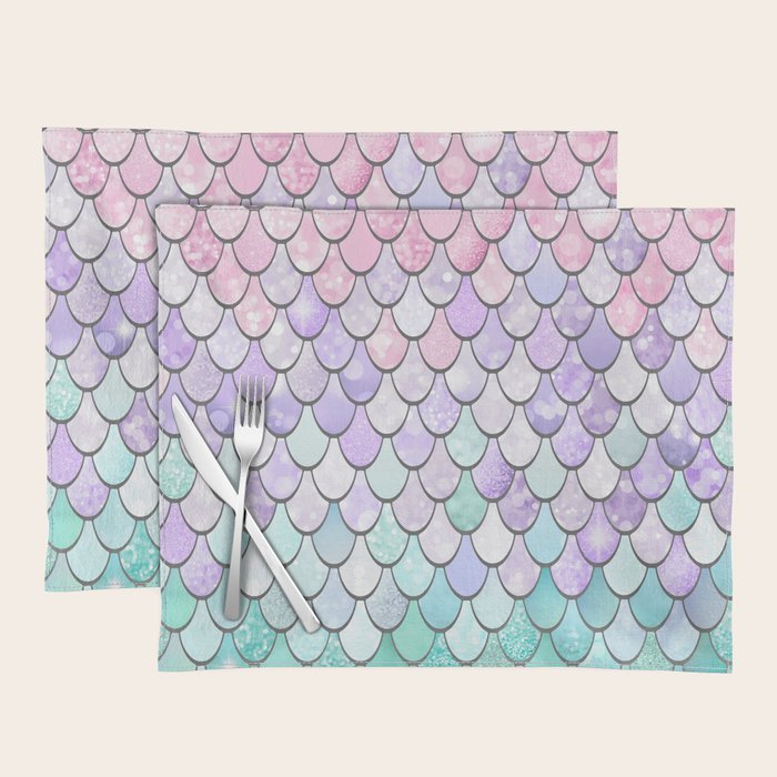 Cute Mermaid Pattern, Pink, Purple, Teal, Pastel Aesthetics Placemat Gallery Image 1