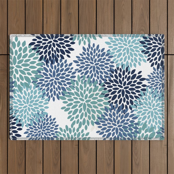 Floral Blooms, Navy, Blue and Teal Outdoor Rug Gallery Image 1