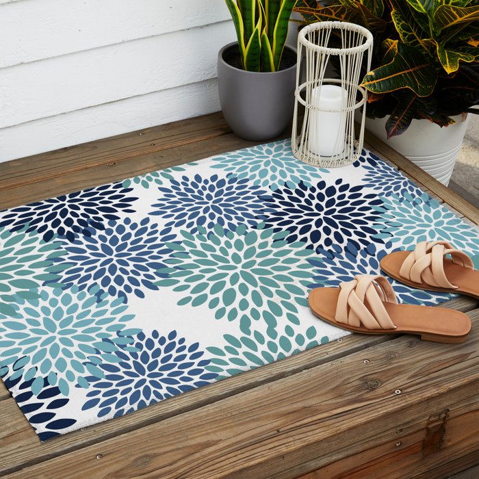 Floral Blooms, Navy, Blue and Teal Outdoor Rug Gallery Image 2