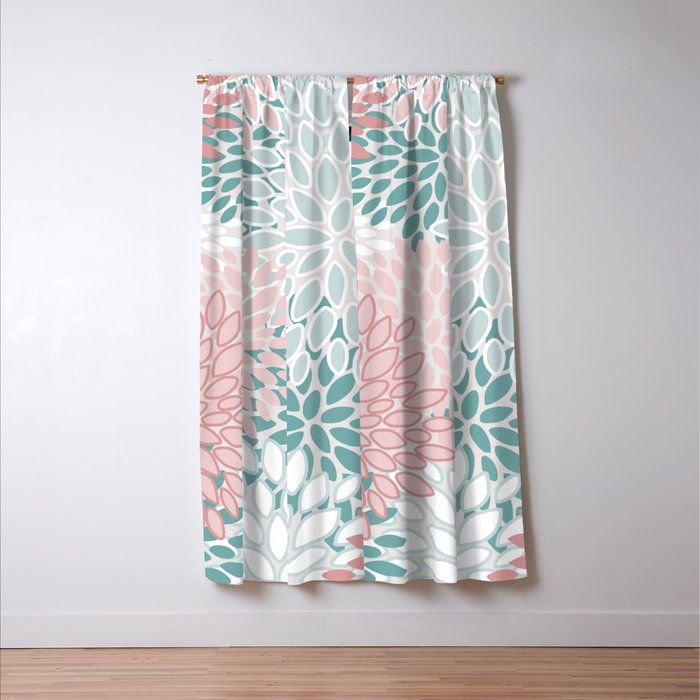 Floral Bloom, Teal, Green, Pink and White Window Curtain Gallery Image 3