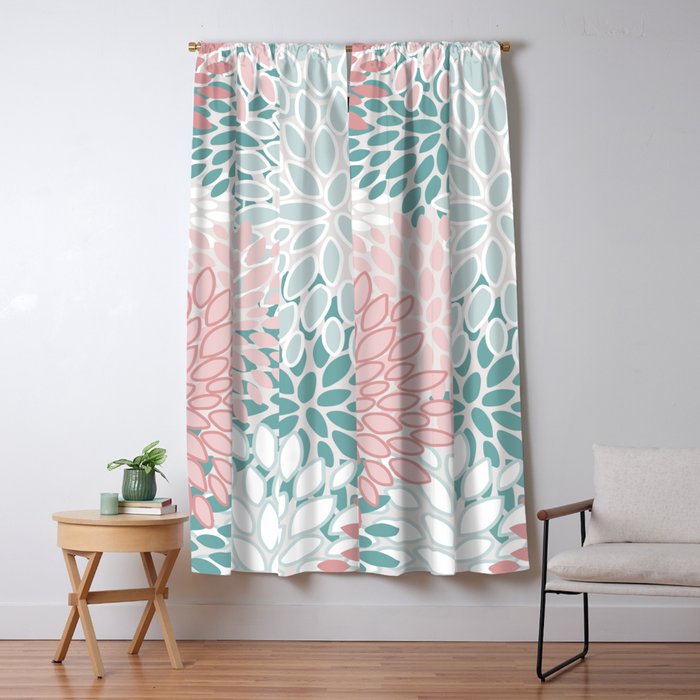 Floral Bloom, Teal, Green, Pink and White Window Curtain Gallery Image 1