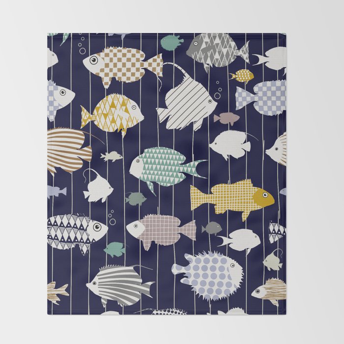 Fresh fish on dark navy blue pattern Throw Blanket Gallery Image 2