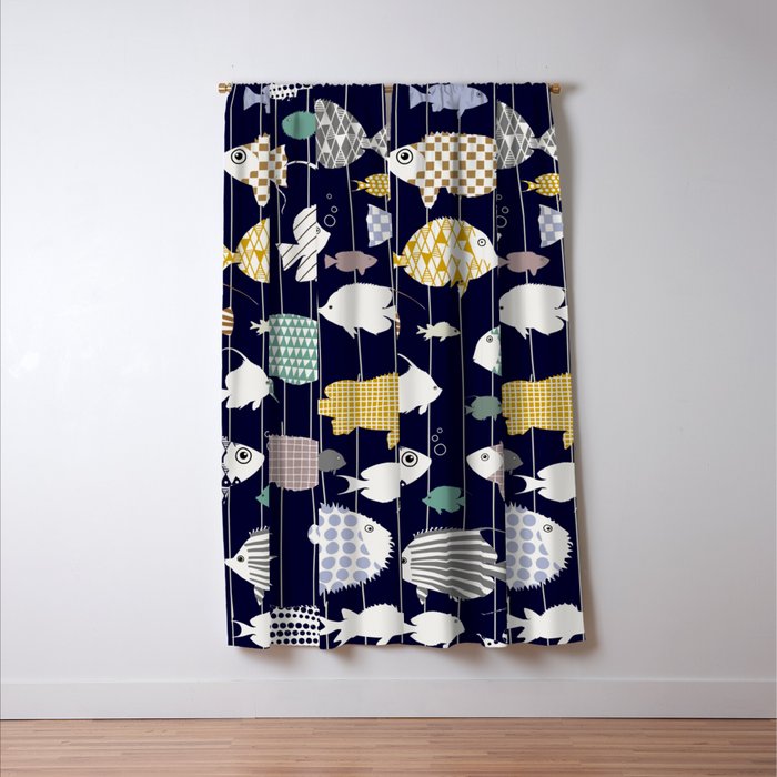 Fresh fish on dark navy blue pattern Window Curtain Gallery Image 3