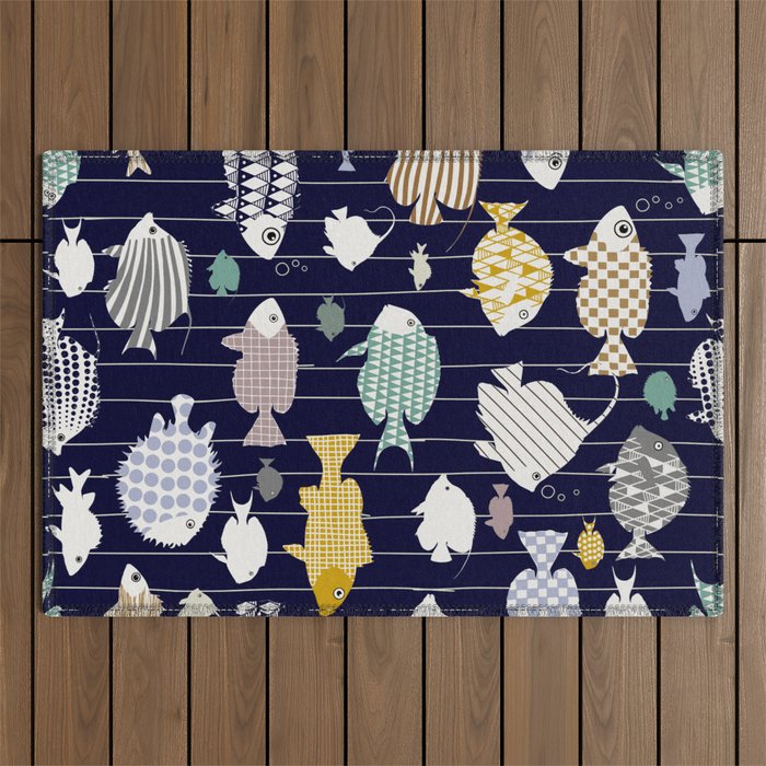 Fresh fish on dark navy blue pattern Outdoor Rug Gallery Image 1