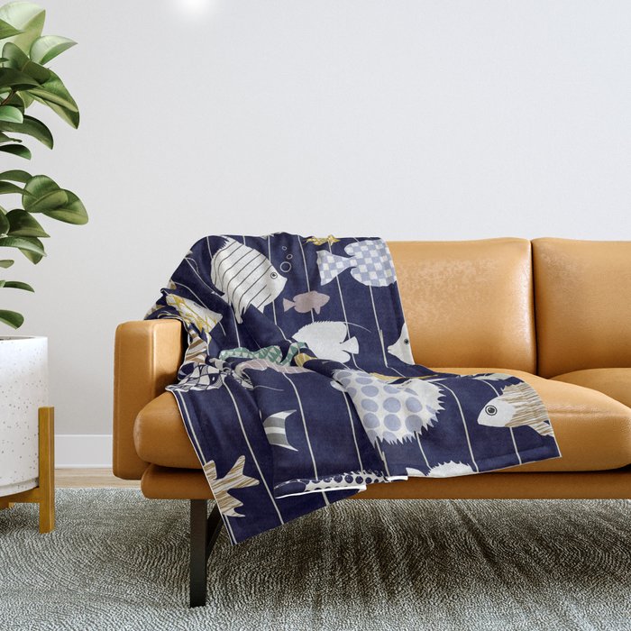 Fresh fish on dark navy blue pattern Throw Blanket Gallery Image 1