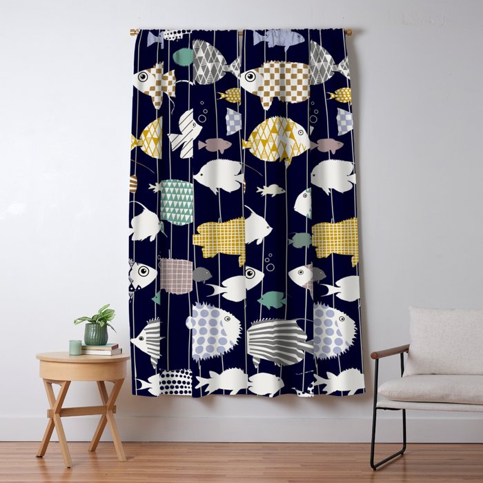 Fresh fish on dark navy blue pattern Window Curtain Gallery Image 1