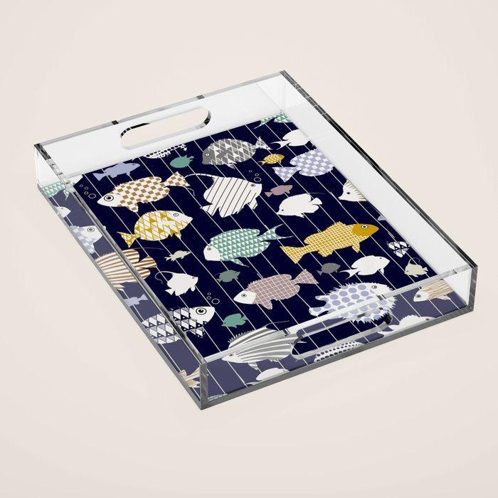 Fresh fish on dark navy blue pattern Acrylic Tray Gallery Image 1