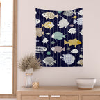 Fresh fish on dark navy blue pattern Wall Tapestry Gallery Image 2