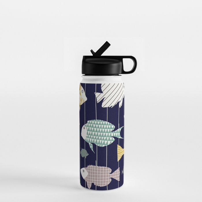 Fresh fish on dark navy blue pattern Water Bottle Gallery Image 1