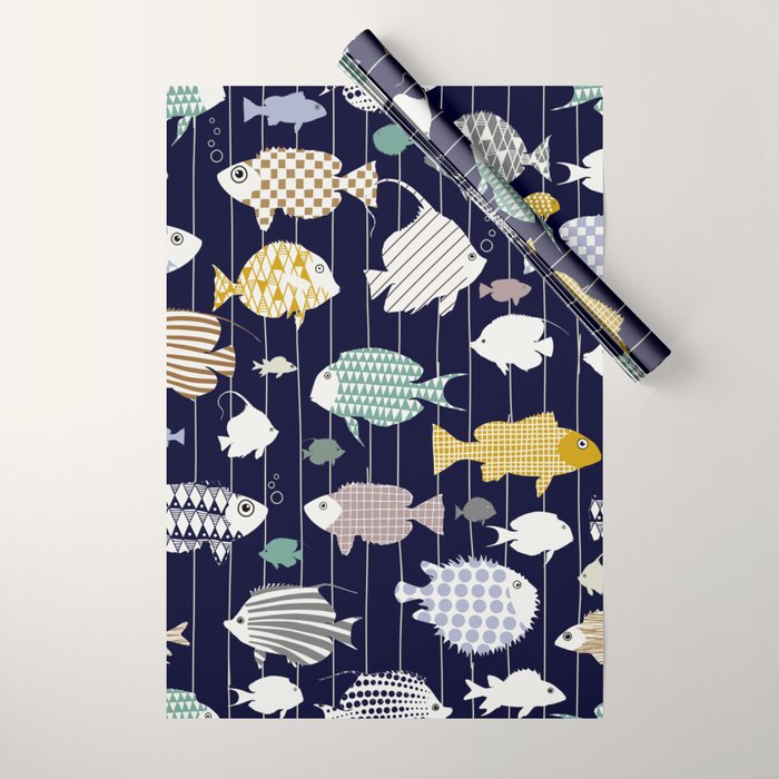 Fresh fish on dark navy blue pattern Wrapping Paper Gallery Image 1
