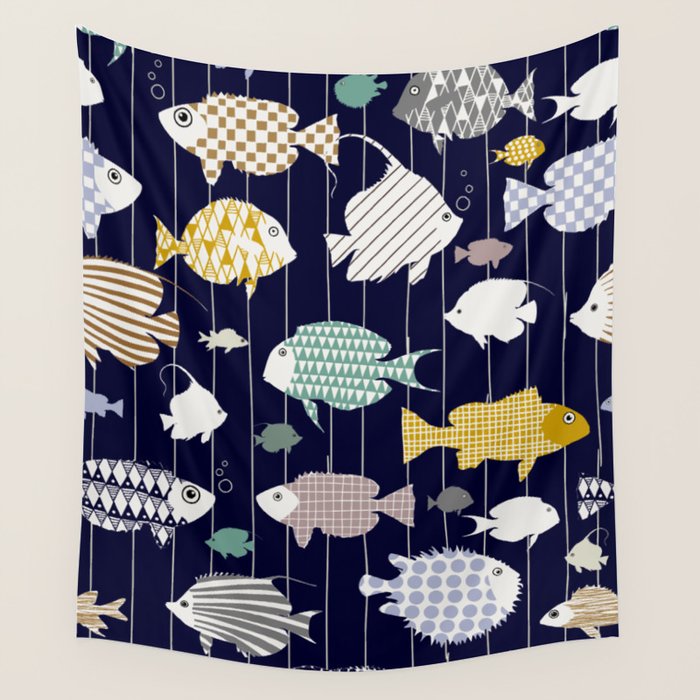 Fresh fish on dark navy blue pattern Wall Tapestry Gallery Image 4