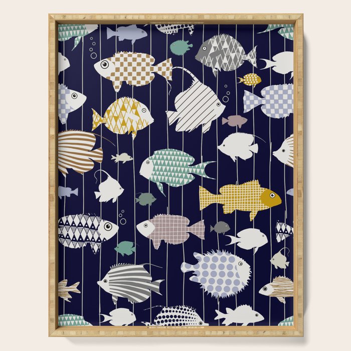 Fresh fish on dark navy blue pattern Serving Tray Gallery Image 1