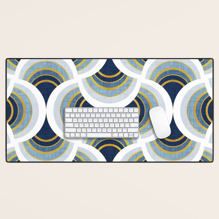 Art deco scallop elegance // blue geometric shapes golden textured lines Desk Mat Gallery Image 1