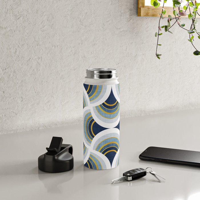 Art deco scallop elegance // blue geometric shapes golden textured lines Water Bottle Gallery Image 4