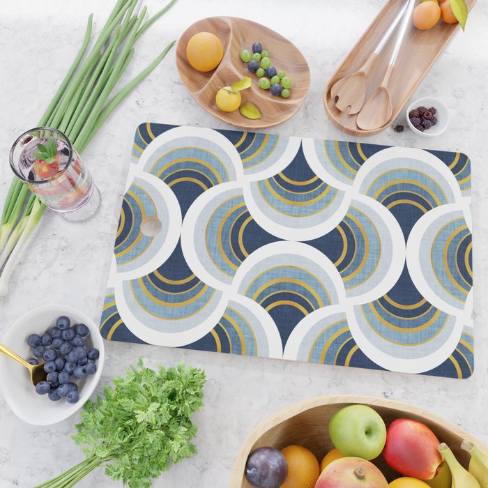 Art deco scallop elegance // blue geometric shapes golden textured lines Cutting Board Gallery Image 2
