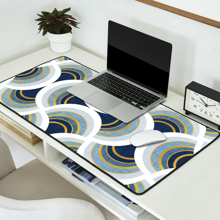 Art deco scallop elegance // blue geometric shapes golden textured lines Desk Mat Gallery Image 2