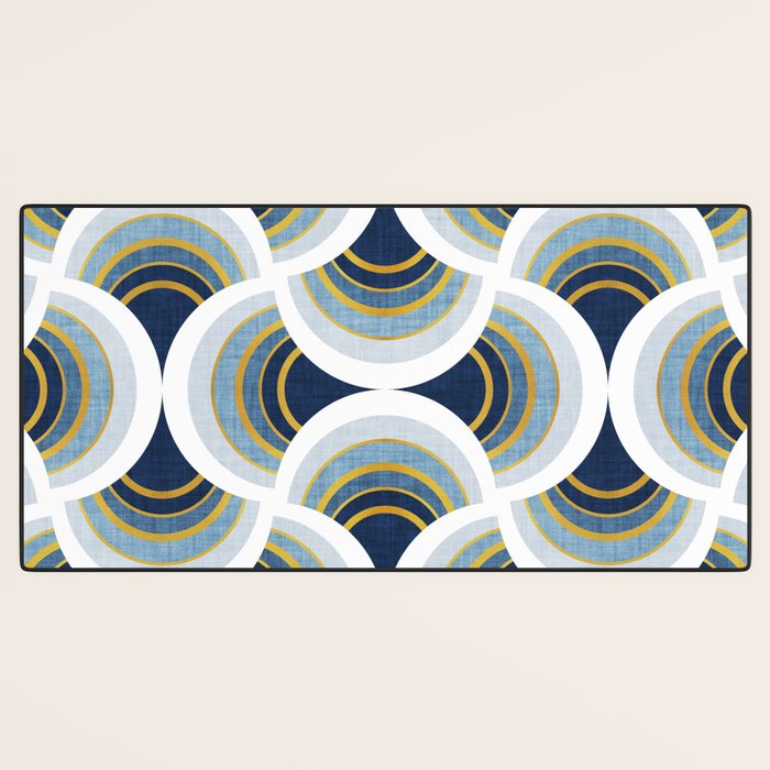 Art deco scallop elegance // blue geometric shapes golden textured lines Desk Mat Gallery Image 3