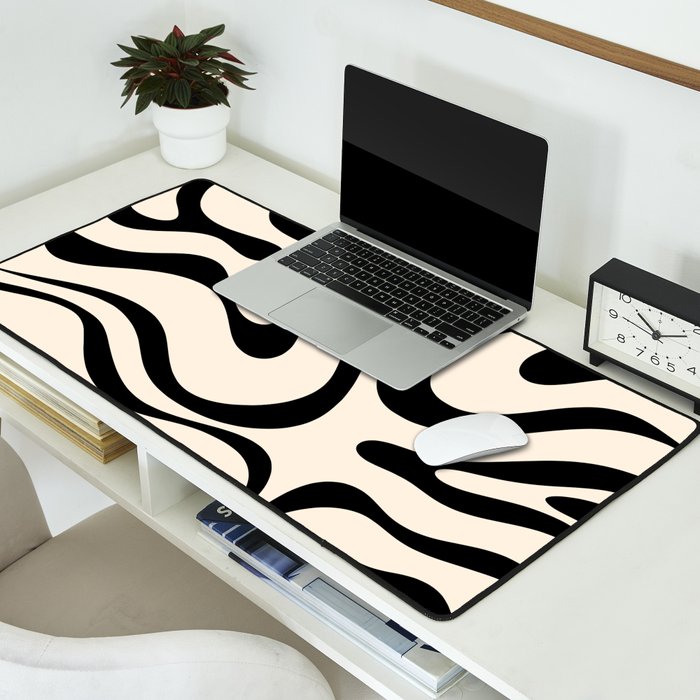 Modern Liquid Swirl Abstract Pattern Square in Almond Cream and Black Desk Mat Gallery Image 2