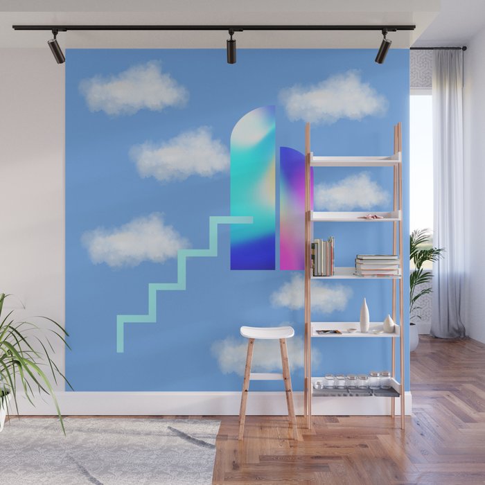 Stairway To Heaven - Blue Sky Minimalist Modern Abstract Illustration Wall Mural Gallery Image 1