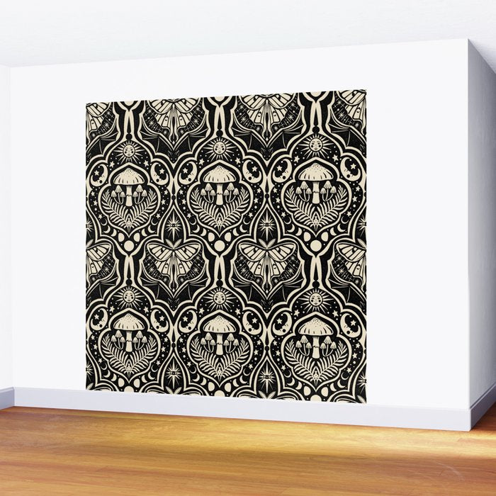 Celestial Forest Damask - black and cream Wall Mural Gallery Image 2
