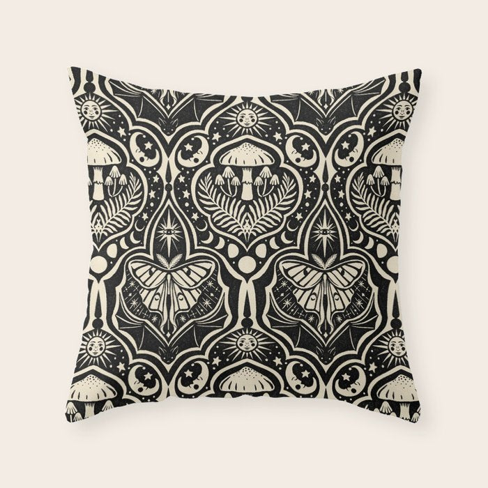 Celestial Forest Damask - black and cream Throw Pillow Gallery Image 6