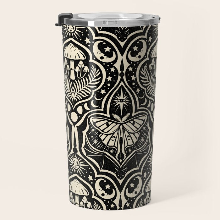 Celestial Forest Damask - black and cream Travel Mug Gallery Image 3