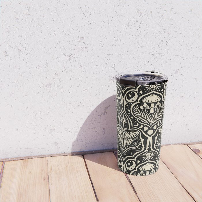 Celestial Forest Damask - black and cream Travel Mug Gallery Image 4