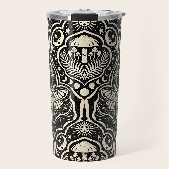 Celestial Forest Damask - black and cream Travel Mug Gallery Image 1