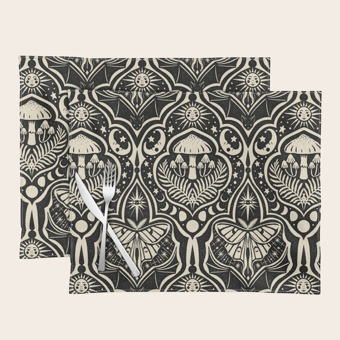 Celestial Forest Damask - black and cream Placemat Gallery Image 1