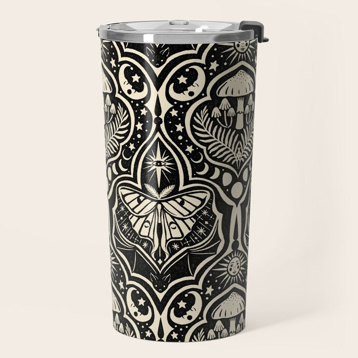 Celestial Forest Damask - black and cream Travel Mug Gallery Image 2